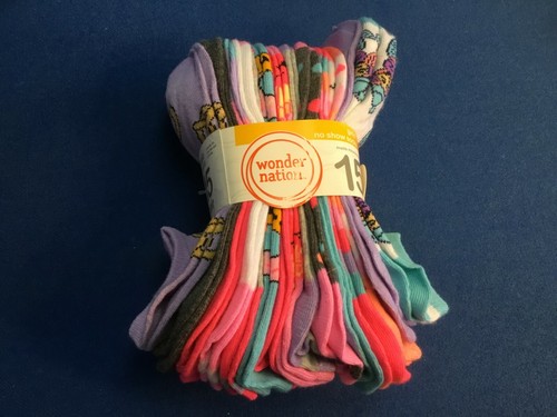 Girls' no show socks (Wonder Nation) girls' size S, M or L, multi-colors, 15 pk - Picture 2 of 53