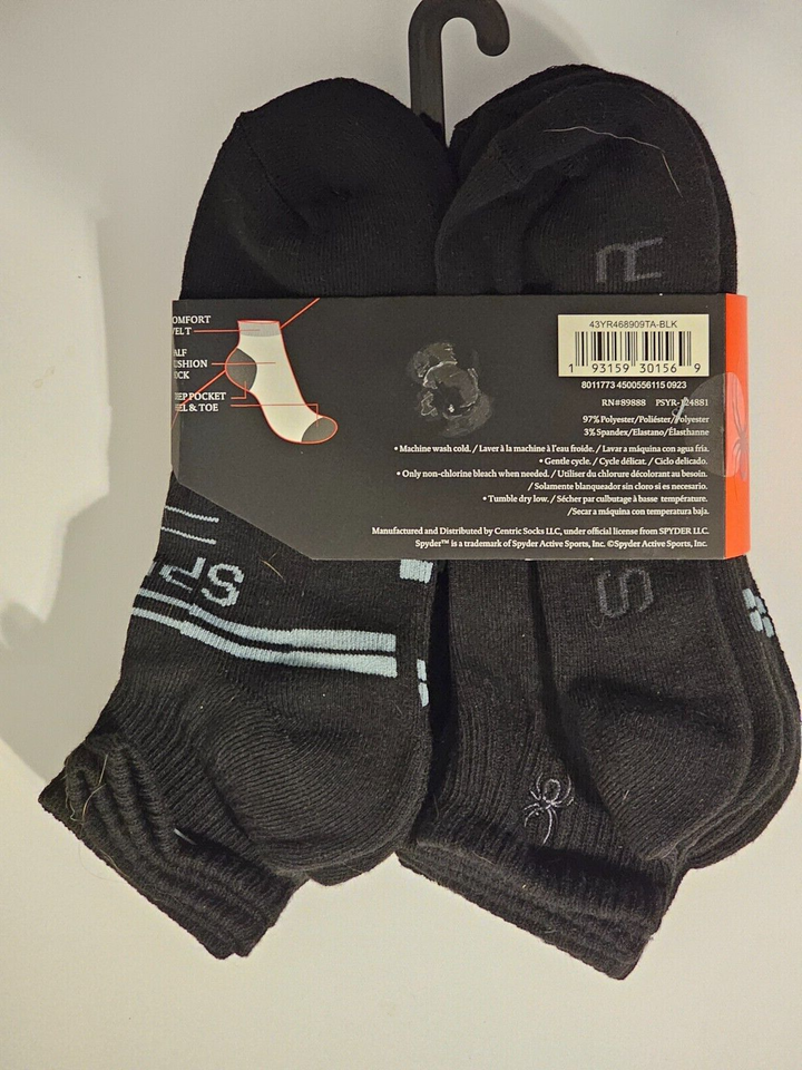 Spyder Quarter Socks 6 Pair Men 612 Black w Mixed Logo Half Cushion