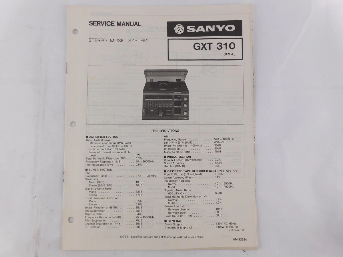 SANYO GXT 310 STEREO MUSIC SYSTEM ORIGINAL SERVICE MANUAL eBay