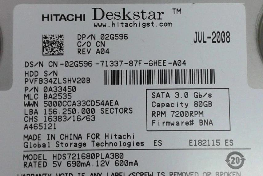 Hitachi Deskstar 80GB SATA 3.5 HDS721680PLA380 PN 0A33450 MLC BA2535 Hard Drive - Image 2 of 3