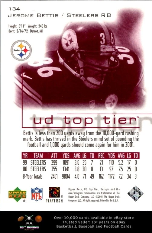 2001 Upper Deck Top Tier FOOTBALL #134 Jerome Bettis - Image 2 of 2