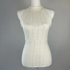 Moda International Y2K White Knit Halter Tank Top Size S Cotton Sleeveless