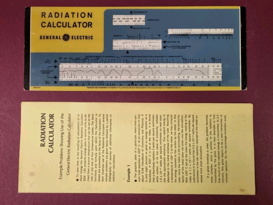 A GE-branded specialty slide rule for radiation, temperature, and wavelength calculations — a Cold War-era niche instrument that's equal parts nerdy and eerie.