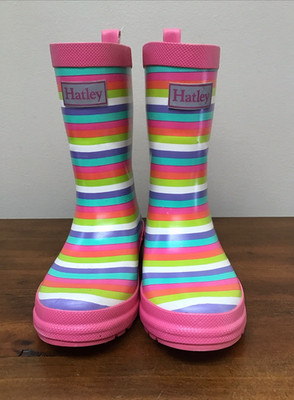 HATLEY Pink Purple Blue Green Striped Rain Rubber Boots Wellies Girl s Size 10