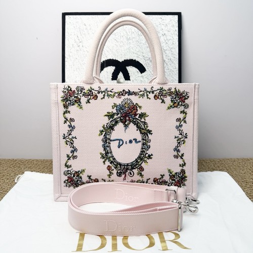 AUTH Dior Book Tote Mini Pink Canvas Floral Embroidery Gold Hardware Tote Bag