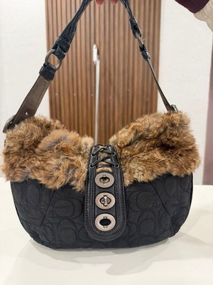 Coach Soho Vintage Rabbit Fur Leather Trim Quilted Nylon Black Shoulder Y2K Bag