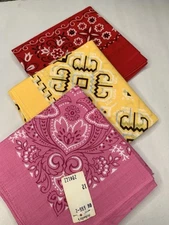 Vtg 70s Graphic Bandana 21”sq Rodeo Cowboy Pink Red Yellow 3pc 100% Cotton USA