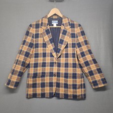 Pendleton Petite Blazer Jacket Women 10 Wool Blue Tan Plaid Woolmark Vintage USA