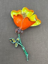 Vintage ART Enamel Flower Brooch Orange Yellow Floral Pin 1960s 70s READ