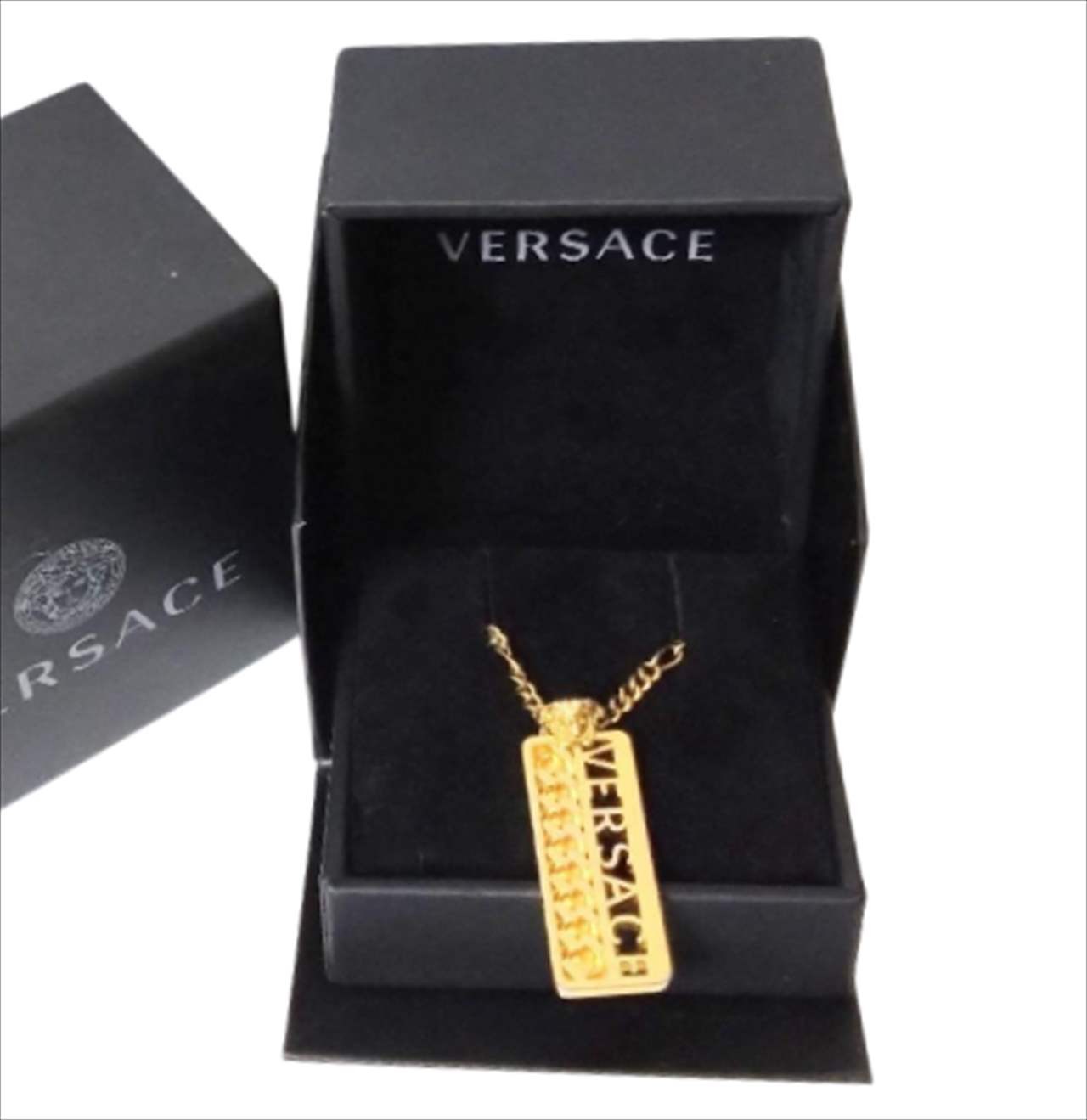 Versace Rectangular Logo Pendant Necklace Gold Le… - image 3