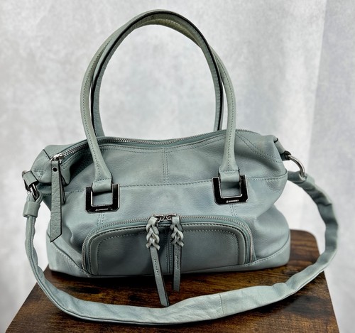 Bolso de mano de cuero B Makowsky cartera verde salvia correa para el hombro asas de doble parada
