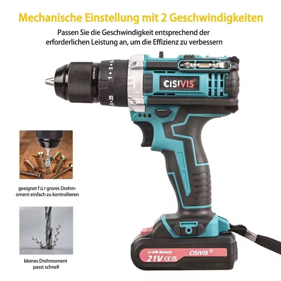 2 Battery 21V Heavy Duty Cordless Drill Combi Electric Impact Hammer Driver Set  - Image 4 of 4