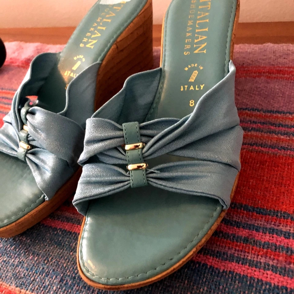 Vintage Italian Shoemakers Wedge Sandals Size 8 Blue Fabric Cork 90s Y2K  - Image 2 of 4