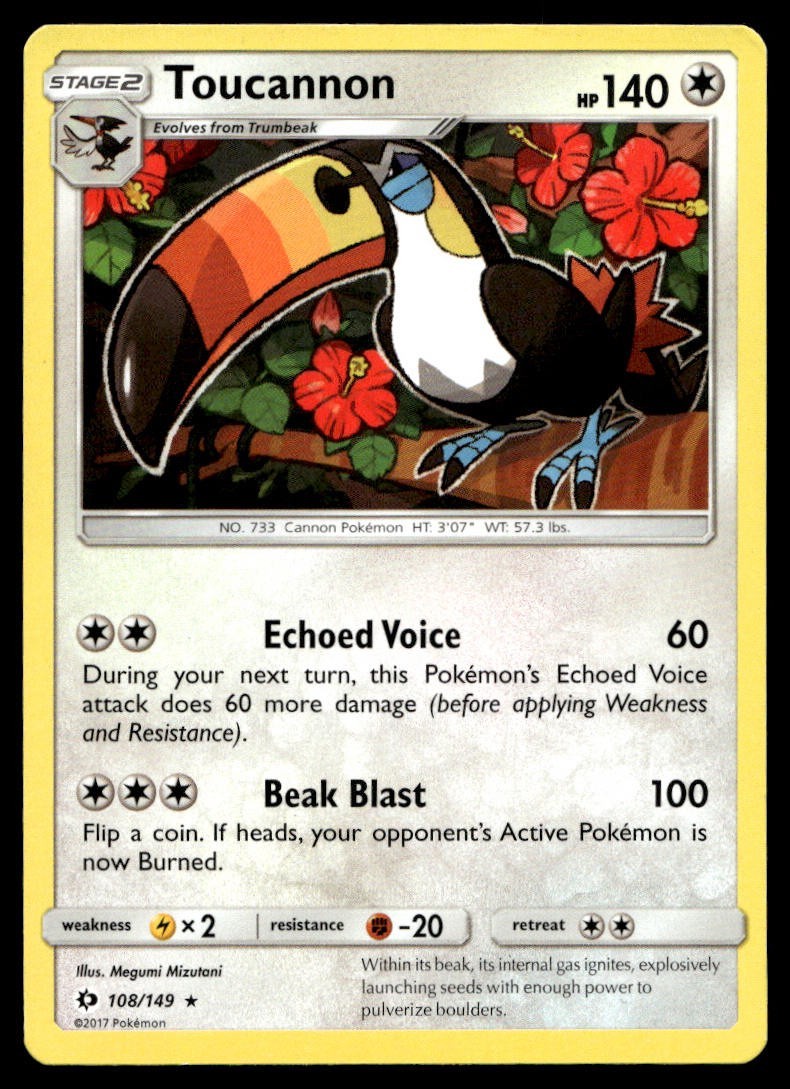 Toucannon 108/149 Pokemon Card Sun & Moon Rare 140 HP Lightly Played ID