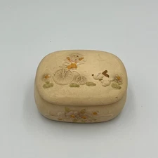 Vintage Ceramic Trinket Box Girl on Bike Dog Floral Jewelry Box Decor
