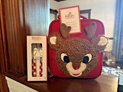 School Pottery barn Christmas holiday RUDOLPH LUNCH BOX BAG+Utensil gift pre /