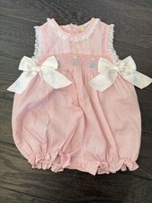 Vintage Baby Girl Pink White Pin Dot Romper Bows Embroidered 3-6 Months
