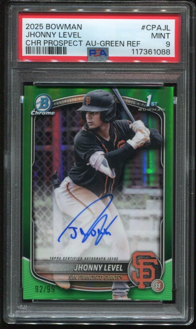 2025 Jhonny Level 1st Bowman Chrome Green Refractor Auto /99 #CPA-JL PSA 9