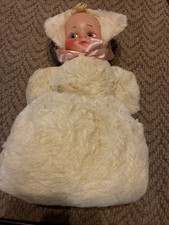 VTG Childs Muff, Hand Warmer, White Fur, Dolls Head, 1950s Blond Hair Blue Eyes