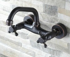 Oil-Rubbed Bronze Bathroom Basin Sink Faucet Dual Handles Mixer Tap Wall Mount