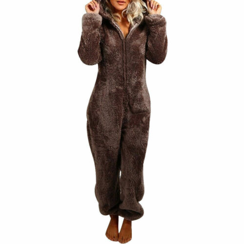 Damen Winter Warm Teddybär Schlafanzug mit Kapuze Overall Pyjama Plüsch &【】ge - Bild 13 von 15