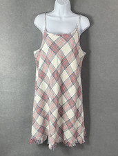 Natural Mini Dress Womens Sz L Plaid Red White Blue Cotton Fringe Trim Summer