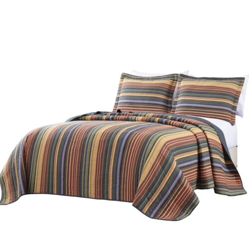 Chezmoi Collection Avery 3-piece Multi-Color Striped 100% Washed Cotton Quilt... - Picture 9 of 9
