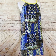 sweet sinammon womens sleeveless tribal halter Shift dress size L blue yellow