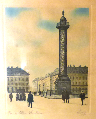 Antique c1920s Hand Tinted Engraving PARIS Place Vendome by Jules