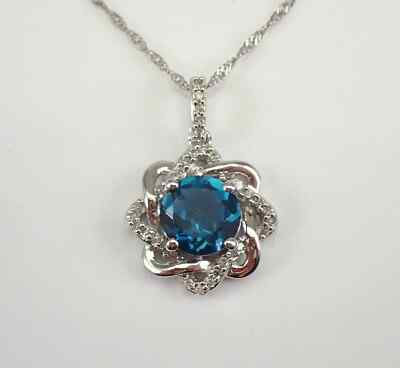 1.50Ct Round Cut  Blue Topaz Halo Pendant 14K White Gold Finish Free Chain