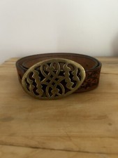 Vintage Brass Belt Buckle with Hand Tooled Leather Belt