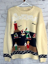 Brooks Brothers Hand Knit Harbor View Sailboat Lighthouse Sweater 100 Cotton M
