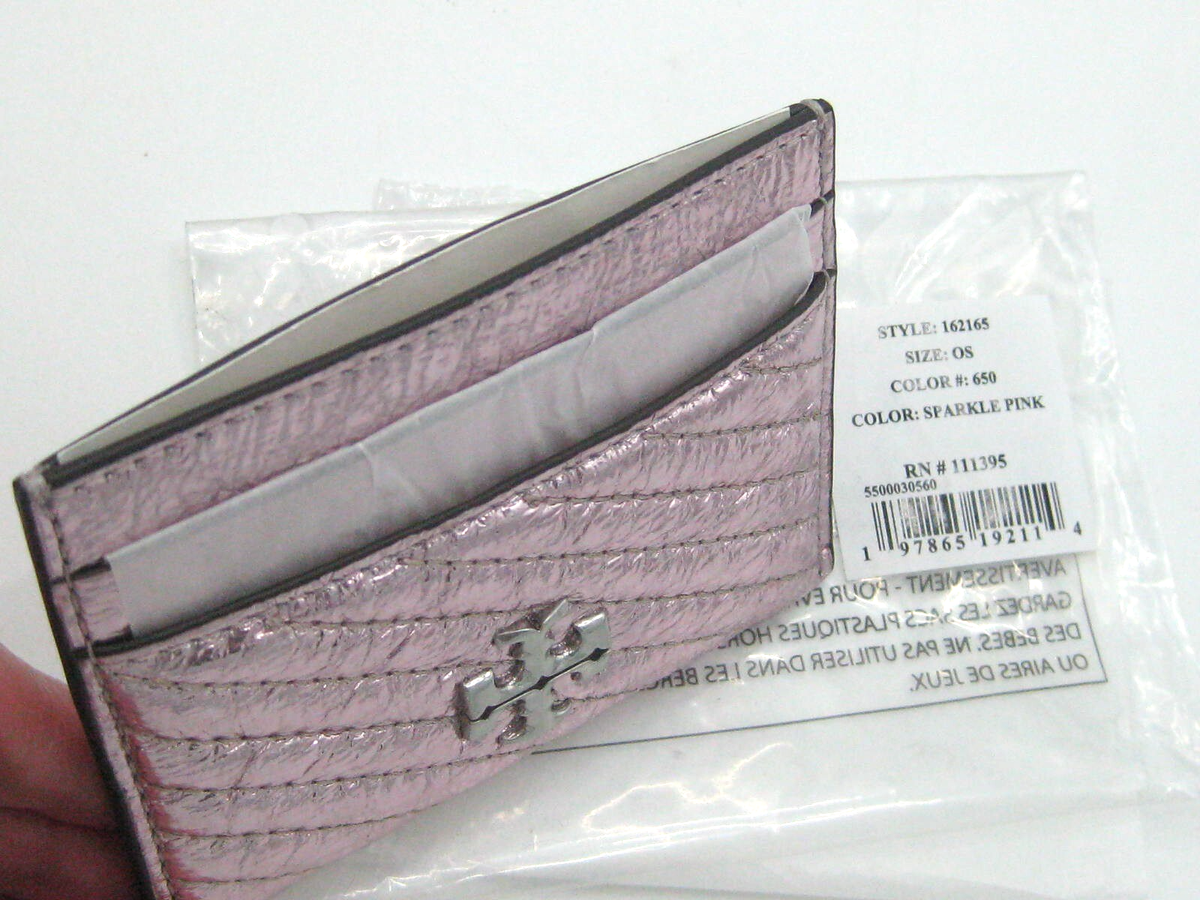 Tory Burch Kira Moto Quilt Metallic Leather Card Case Sparkle Pink