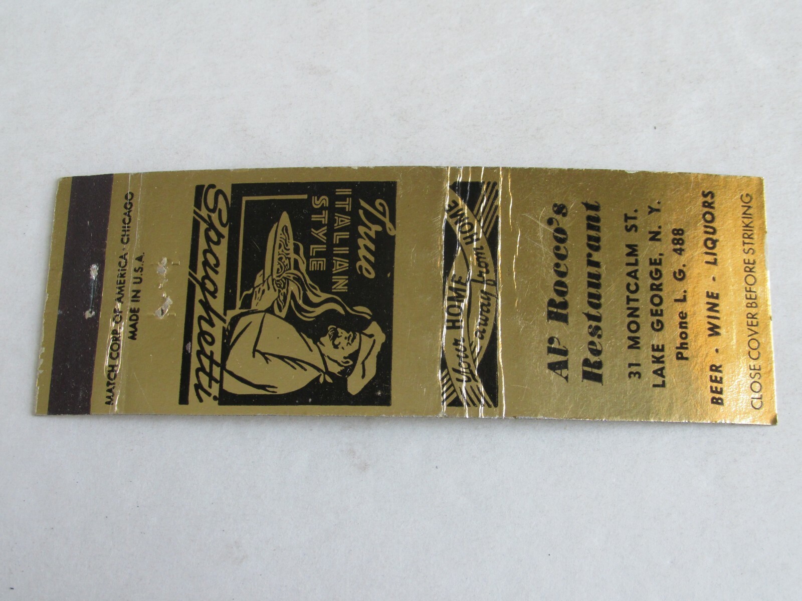 Af84 Vintage Matchbook Cover Al' Rocco's Restaurant Lake George Ny New York