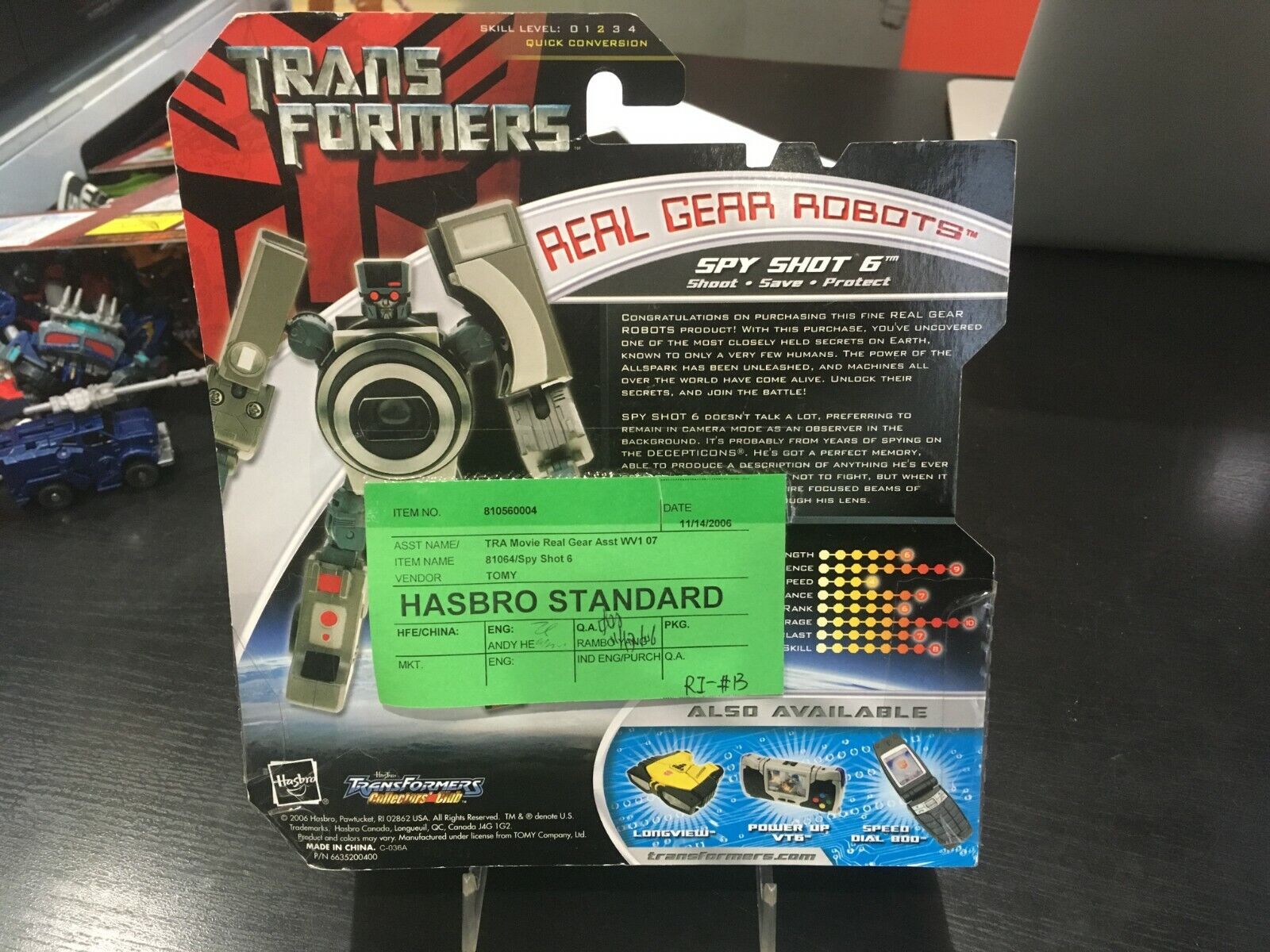 TRANSFORMERS REAL GEAR ROBOTS SPY SHOT 6 HASBRO STANDARD GREEN TAG