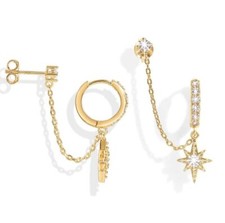 14K Gold Chain Earrings Double Piercing Dangle Hoop Earring for Women