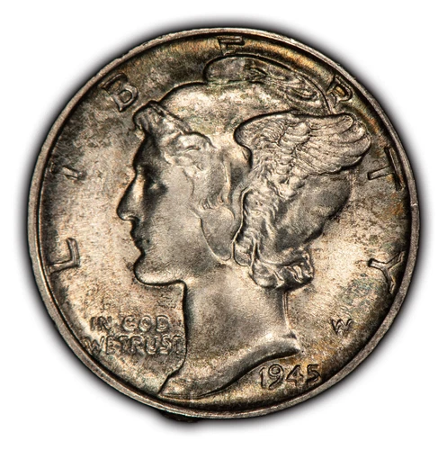 1945 10c Mercury Silver Dime - Colorful Toning - BU - SKU-Y5111