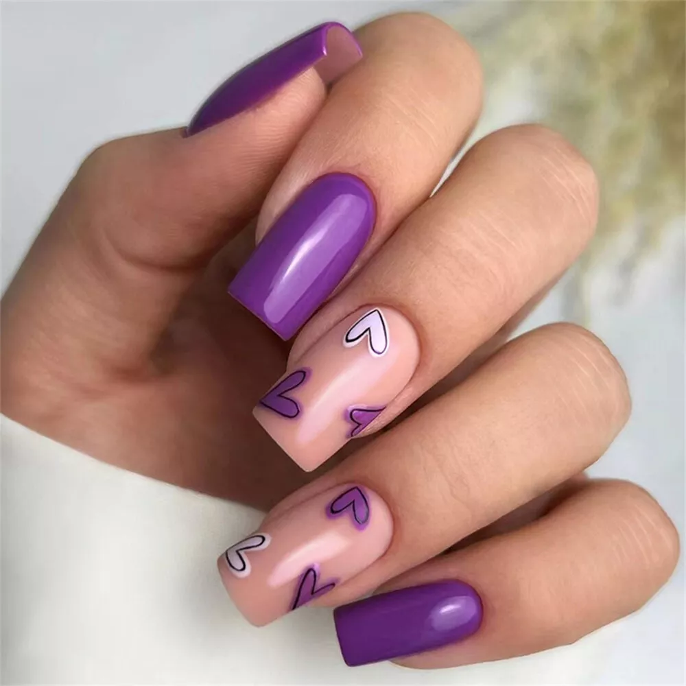 Heart French Purple False Nail Short Square Press on Nails for Nails Art  24pcs