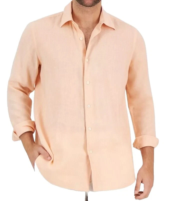 Club Room男式亚麻纯色休闲纽扣衬衫