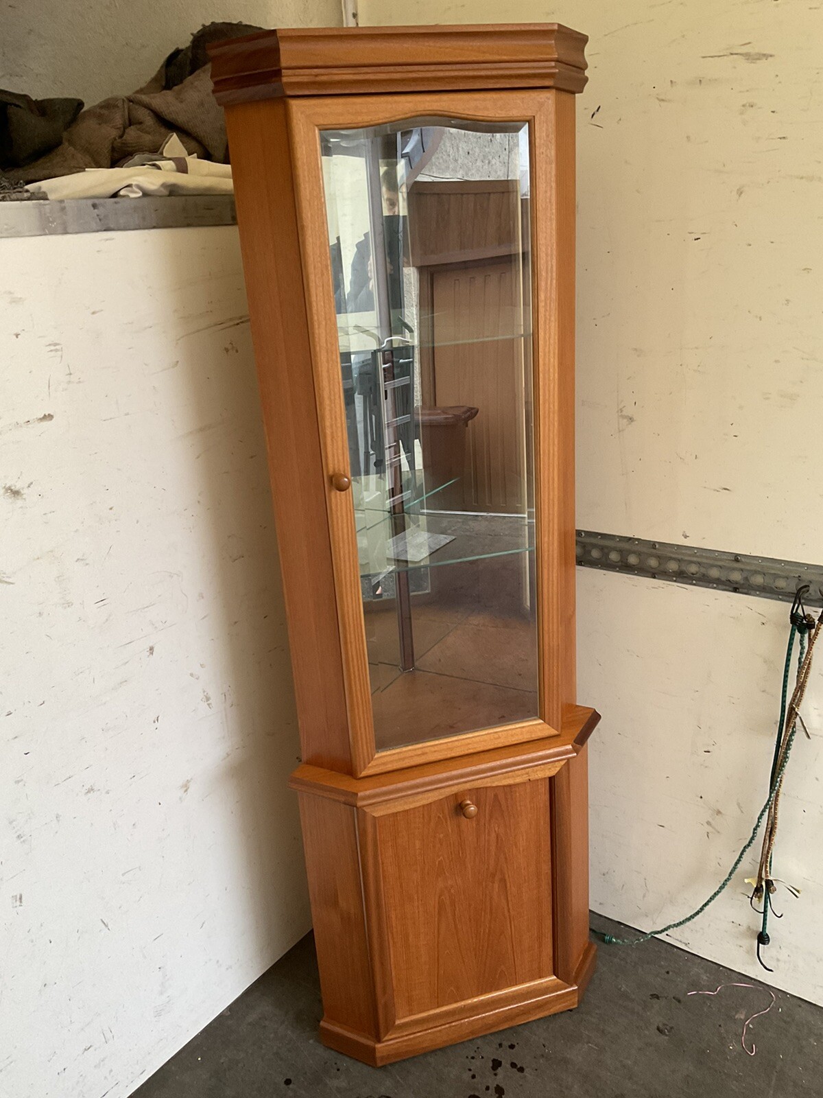 retro corner teak,”sutcliffes” , glass door & shelves