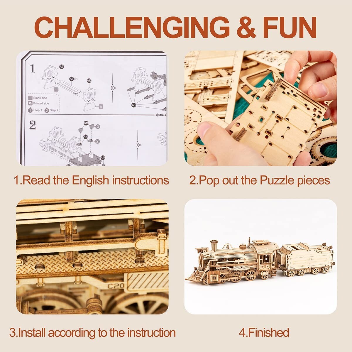ROKR 1:80 Scale Model Prime Steam Express 3D Wooden Puzzle DIY Model Kits Toys