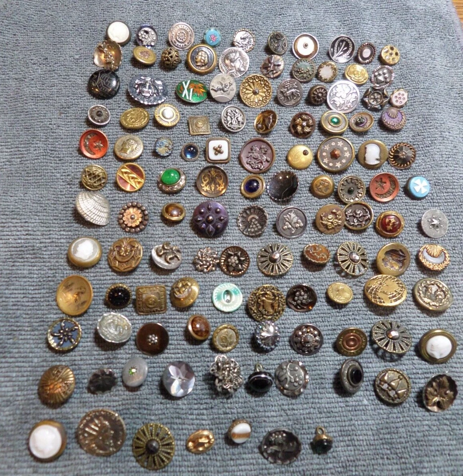 117 Vintage Metal & Glass Buttons People Flowers Objects - Image 2 of 4