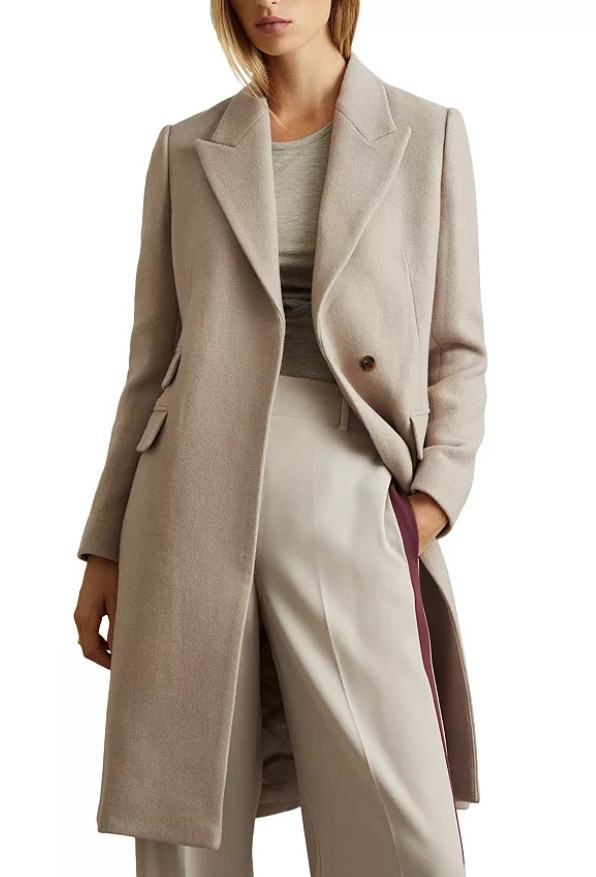 Reiss women's Louis Peak Lapel Stone Beige Wool Coat - size 6 / 10 Uk -msrp $575