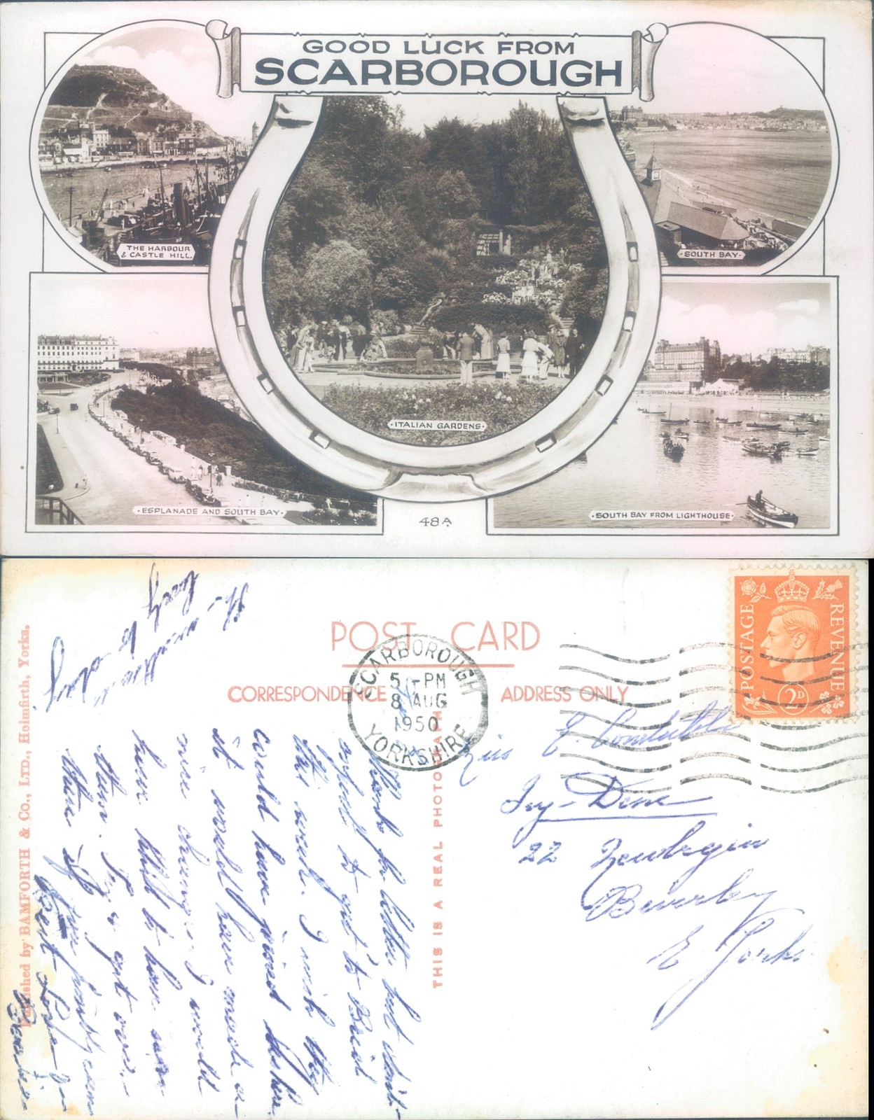 Scarborough landmarks and views Bamforth Co Ltd 1956 postmark Cities Towns