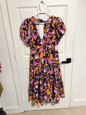 Anthropologie Size M Puff Sleeve Orange Pink Summer MIDI Dress
