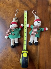 Two Plush Snowman Christmas Ornaments Felt Fleece Country Primitive EUC