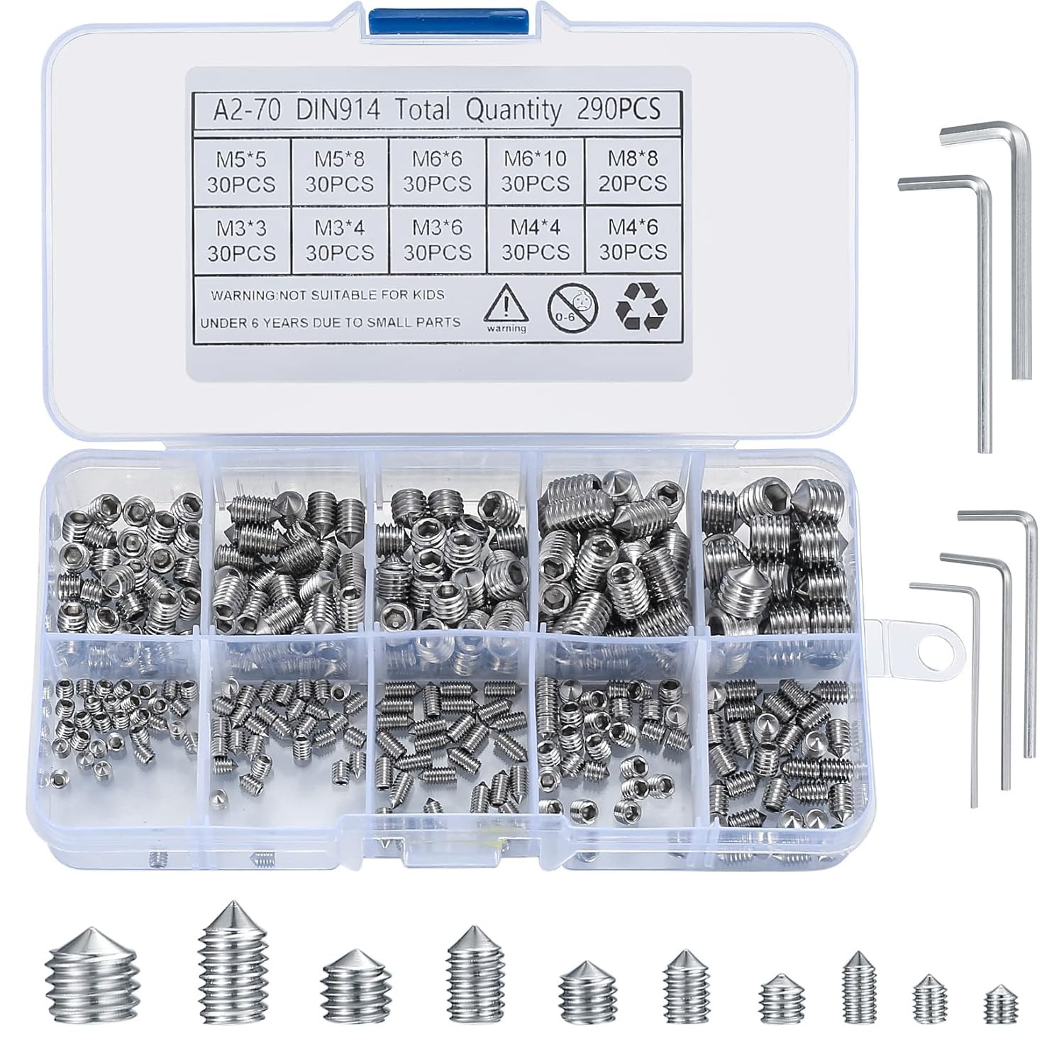 290 Pcs Cone Cup Point Grub Screws, M3/M4/M5/M6/M8 Hex Head Socket Screws Set A