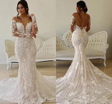 Sheer O-neck Mermaid Wedding Dresses Modest Lace Floral Long Sleeve Backless 