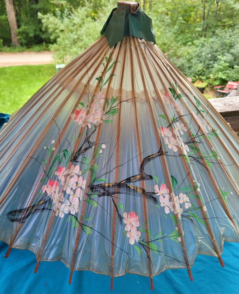 Gorgeous Vintage Japanese Bamboo Paper Parasol Umbrella Collectible Pink Flowers - Image 3 of 4