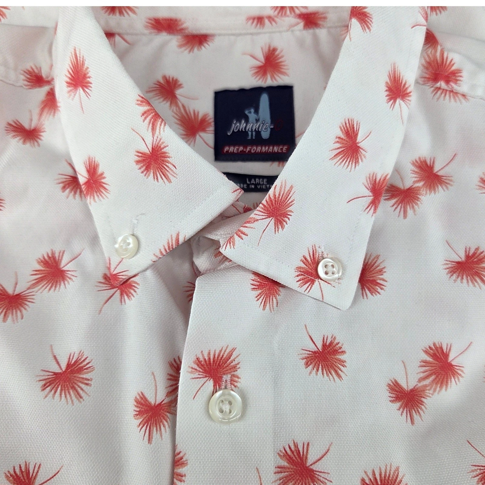 Johnnie-O Button Shirt Mens Large Short Sleeve Prepformance White Palm Island